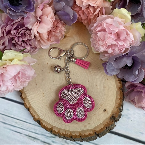 Pink Crystal Paw Print with Tassel on a Keychain - Picture 2 of 8